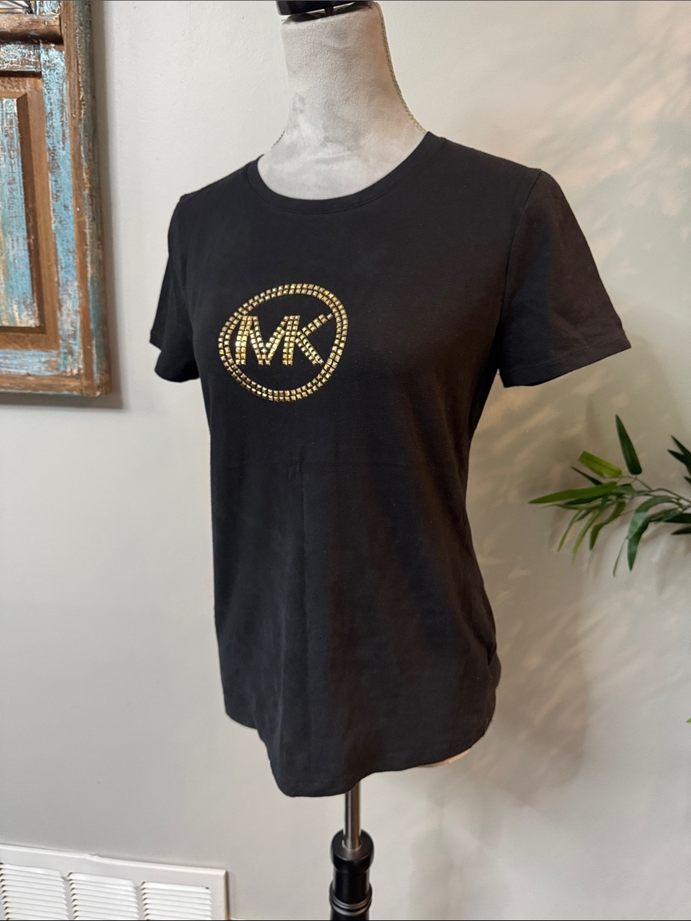 Michael Kors Black Short Sleeve Tee with Gold Studded MK Emblem - Picture 3 of 12